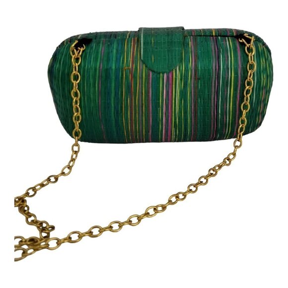 Green Raffia Shoulder Purse Gold Tone Chain Strap Striped With Snap Closure Bag - Picture 1 of 10